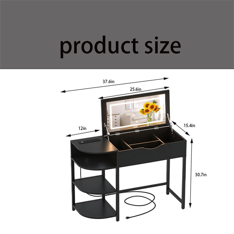 Dressing table ,Vanity Desk with Flip-Top Mirror and Lights – 2-in-1 Makeup Vanity & Writing Desk with Drawer, 4-Tier Storage Shelves, and Built-in Charging Station