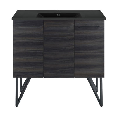 36 po Meuble-lavabo en noyer noir avec comptoir en céramique noir