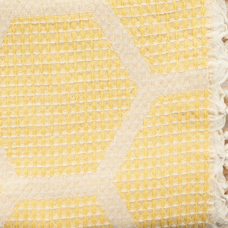 Yellow Honeycomb Pattern Turkish Cotton Throw Blanket with Tassels
