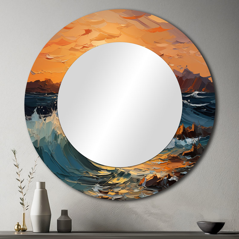 Orange Teal Lyrical Abstraction Lyrical Sunset - Lyrical Abstraction Wall Mirror, Orange Round Decorative Mirror, Printed Metal Art