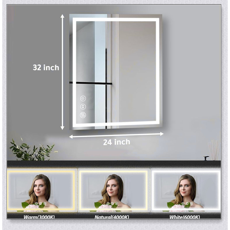 Miroir de salle de bain à DEL avec éclairage avant et rétroéclairé, antibuée, 3 couleurs, lumière à intensité variable et verre trempé