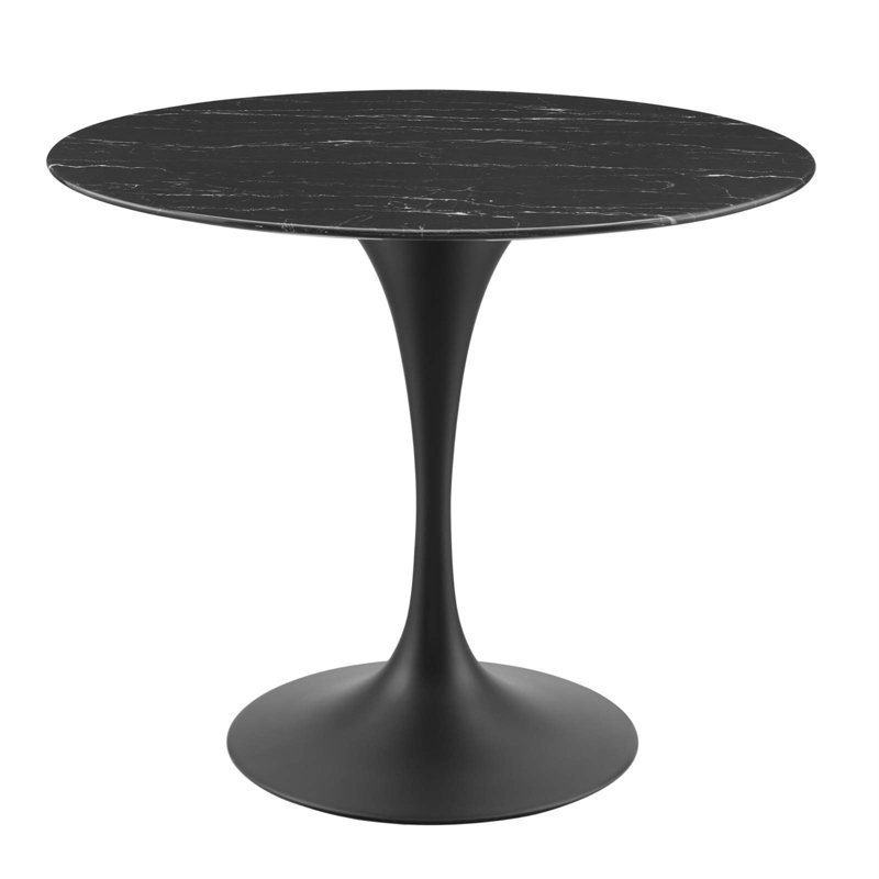 Black Oval Artificial Marble Dining Table with Metal Pedestal Base