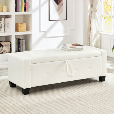 Banc blanc de 48 po avec rangement, revêtu de similicuir, convenant à la chambre à coucher, au salon, au couloir, facile à assembler et facile à nettoyer