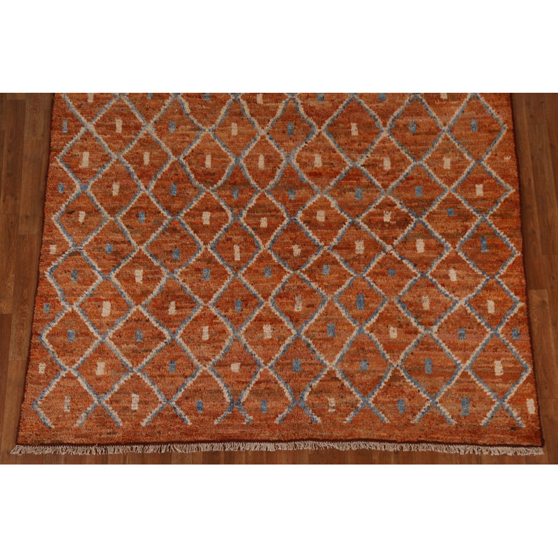Tapis orange / bleu en laine noué à la main de conception unique 6 pi 8 po x 9 pi 10 po New Age
