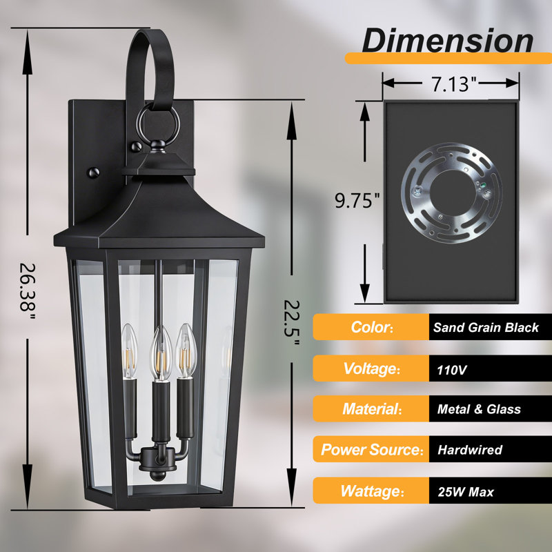 Abarca 26.4''H Iron Black ETL Tempered Glass Outdoor Wall Light with Dusk to Dawn, 26.4" H x 10.43" W x 9.5" D, Matte Black