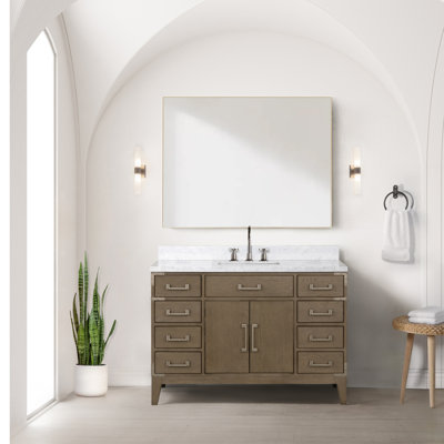 Meuble-lavabo simple en chêne brun 48 po X P 22 po D, dessus en marbre de Carrare et ensemble de robinet