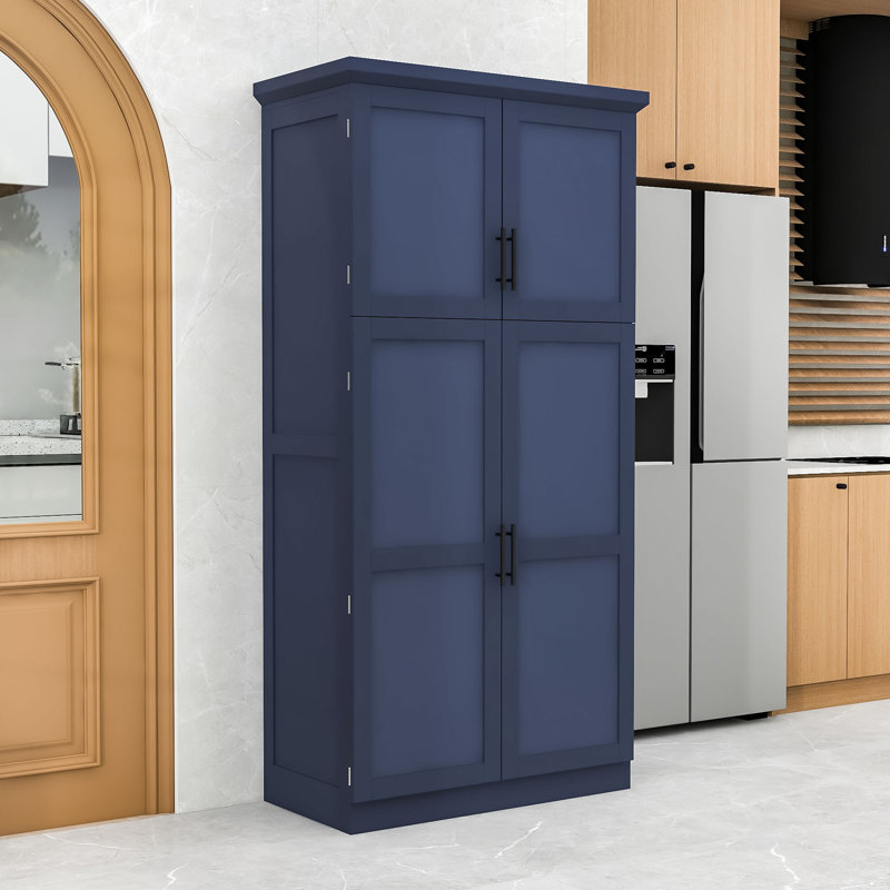 Grand garde-manger autoportant avec plateaux coulissants, tablette réglable et dispositif anti-basculement, Bleu, Noir