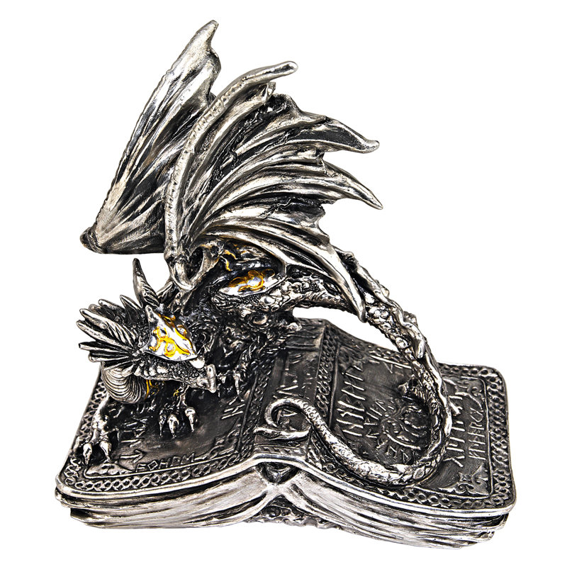 Pendragon Guarding Codex Silver Resin Dragon Statue