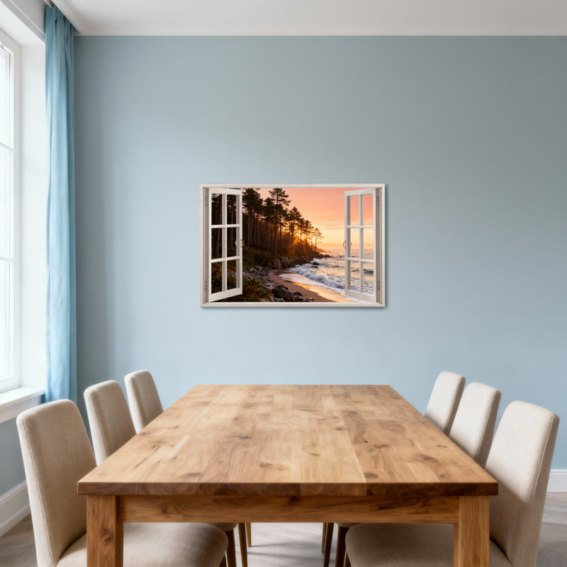 Paysage et nature Coucher de soleil sur la plage, pins, vagues de l'océan, H 16 po x l 24 po