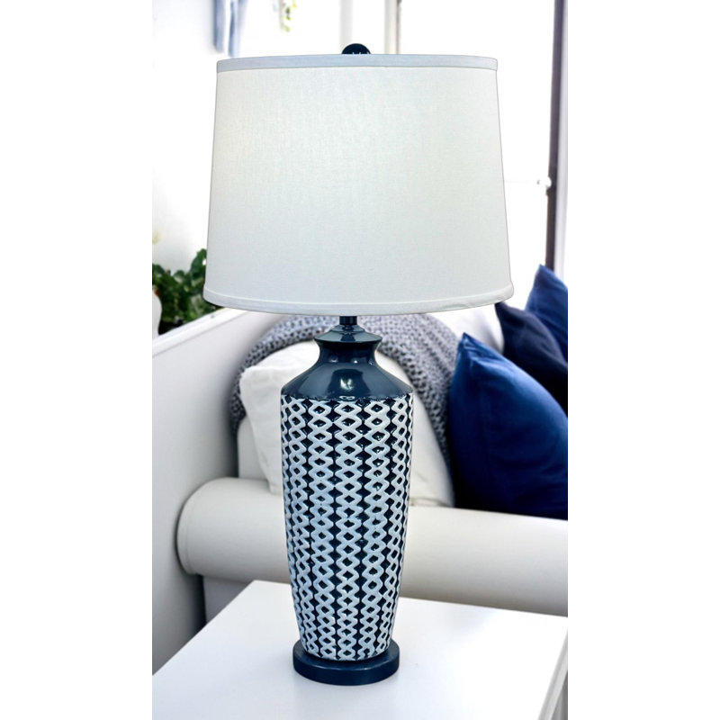 Lampe de table vase en tissage de panier bleu marine / ivoire, Marine
