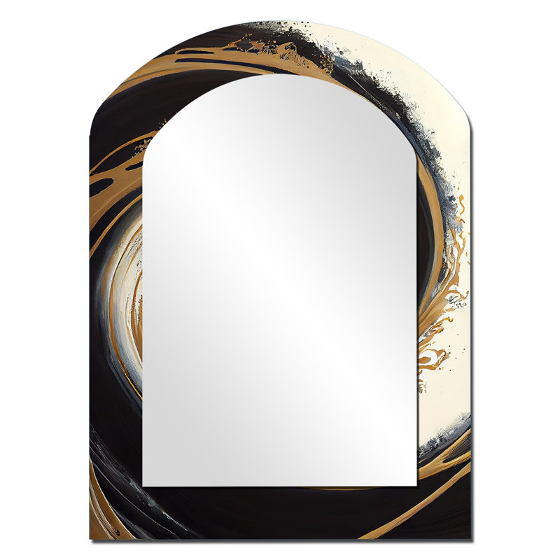 Cercle noir et doré V - grand miroir mural arqué sur métal, 34 po x 25 po