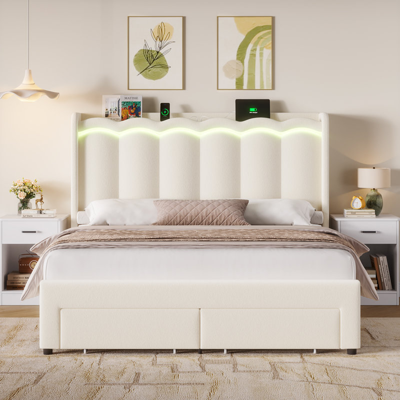Velvet Upholstered Storage Bed With LED Lights, Storage Platform Bed With 2 Drawer & Charging Station, Queen, Beige