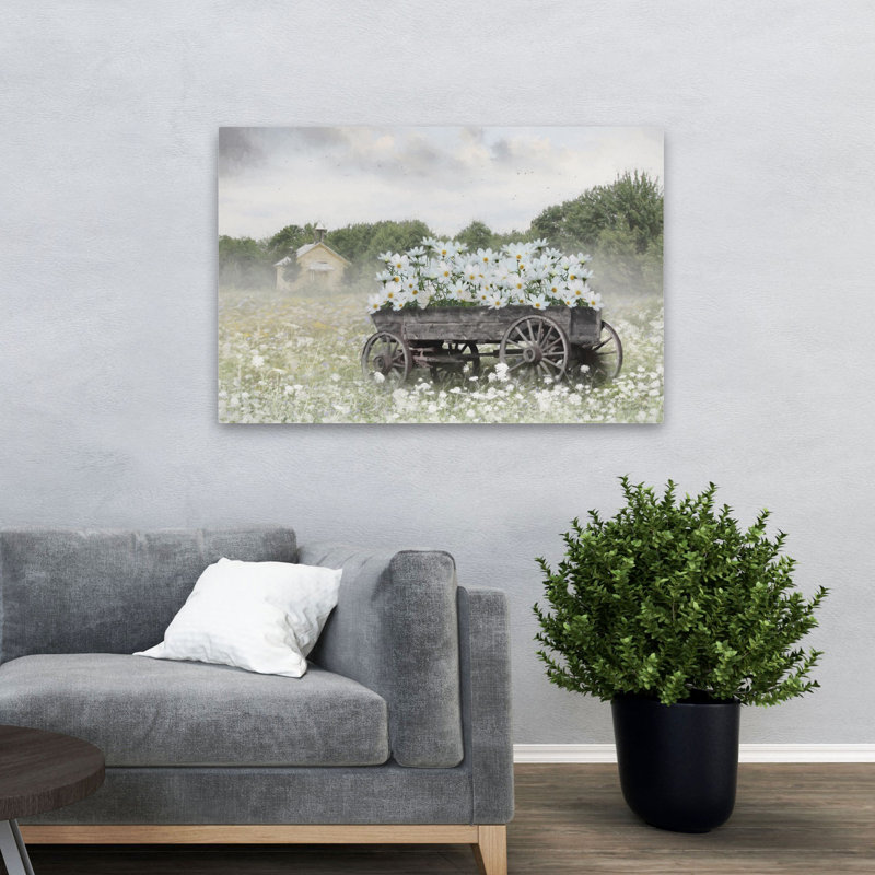 Bouquet sur roues - charrette à fleurs rétro avec fleurs blanches, H 32 po x l 48 po