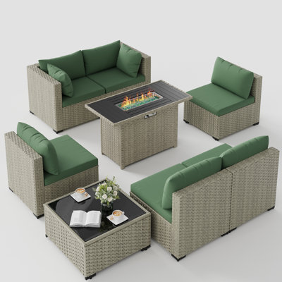 7 Pieces Design-Oriented Rattan Patio Conversation Sets With Fire Pit