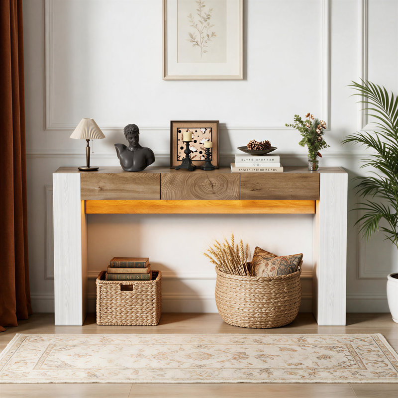 Console 63 po, table de vestibule en bois avec dessus en bloc épais et 3 tiroirs cachés, table de canapé pour le couloir, le vestibule ou le salon