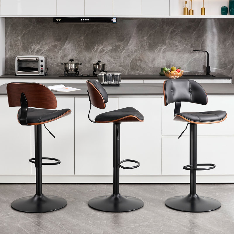 Swivel and  Adjustable Height Bar Stool with Footrest, 3, Black Seat/Black Frame