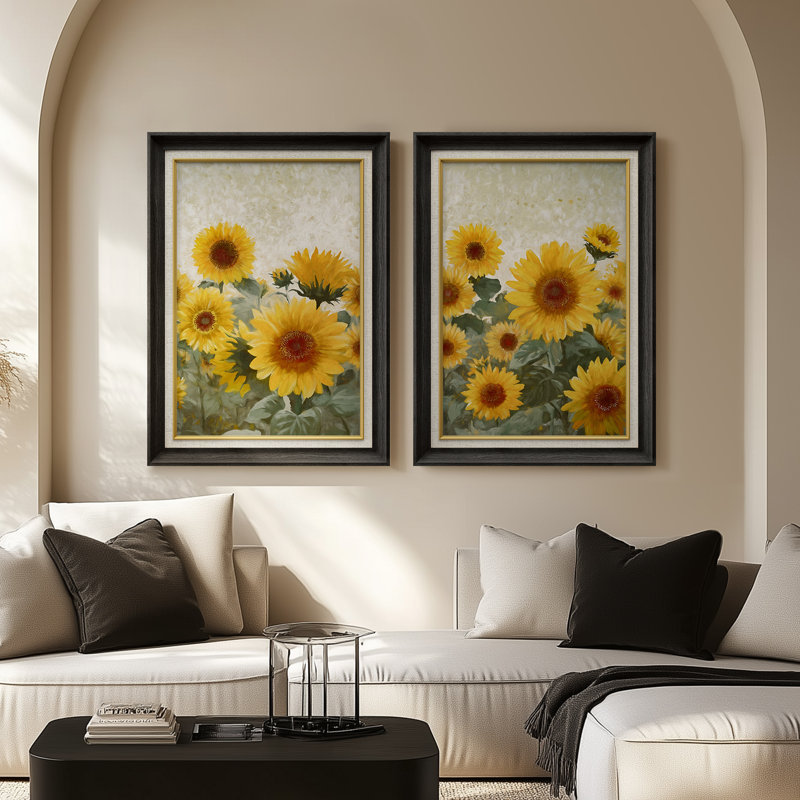 «Bright Sunflower Bouquet» - ensemble de 2 reproductions d'art encadrées de qualité supérieure sur papier 26 po x 36 po