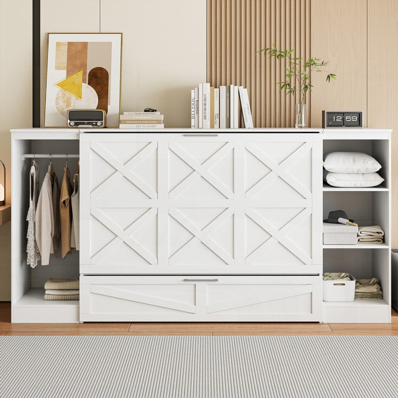 Lit simple blanc avec rangement pour vêtements et tablettes de chevet - Option de construction durable