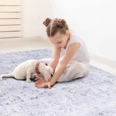 Tapis lavable 6 x 9, à poils courts, antidérapant - Rendez votre salon, chambre à coucher, cuisine, salle à manger plus attrayant Bleu + crème lavable à la machine, à poils courts pour améliorer la beauté et le confort