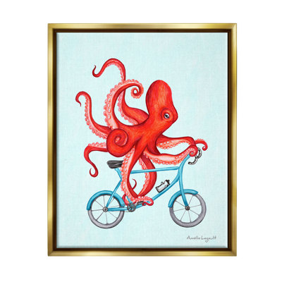Tentacules de pieuvre rouge sur un vélo bleu par Amelie Legault - reproduction sur toile flottante