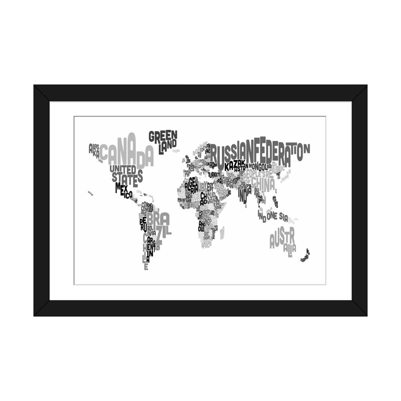 «Typographique Text World Map V» par Michael Tompsett, reproduction d'art sur toile, H 24 po x l 32 po x P 1 po, Blanc