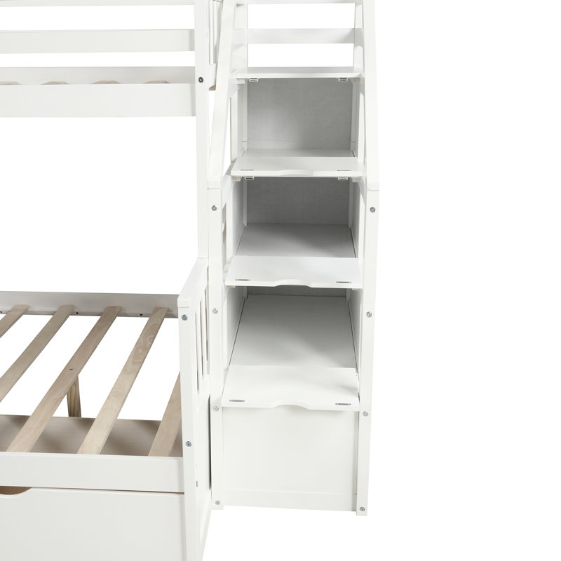 Lit superposé simple au-dessus de double, peu encombrant, blanc avec tiroirs, rangement et lit coulissant gai en blanc, une expérience délicieuse pour