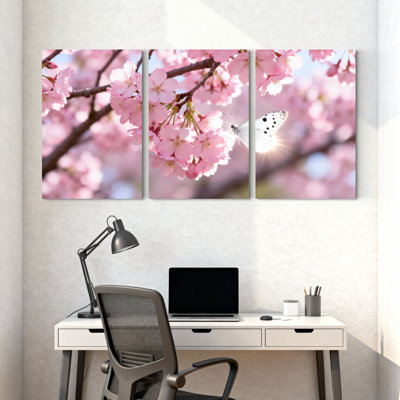 «Cherry Blossom and Butterfly», ensemble de 3 reproductions d'art sur toiles tendues sur toile