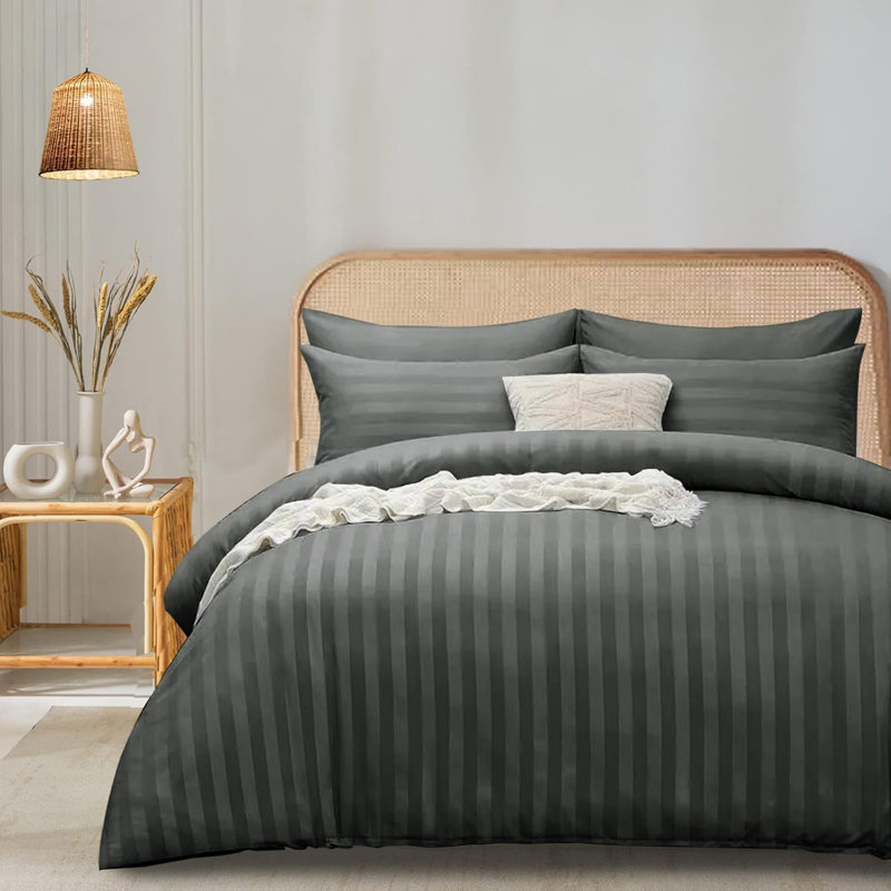 Microfiber Striped Duvet Cover Set with Pillowcases, Charcoal, Super King Duvet Cover Set + 2 Pillowcases