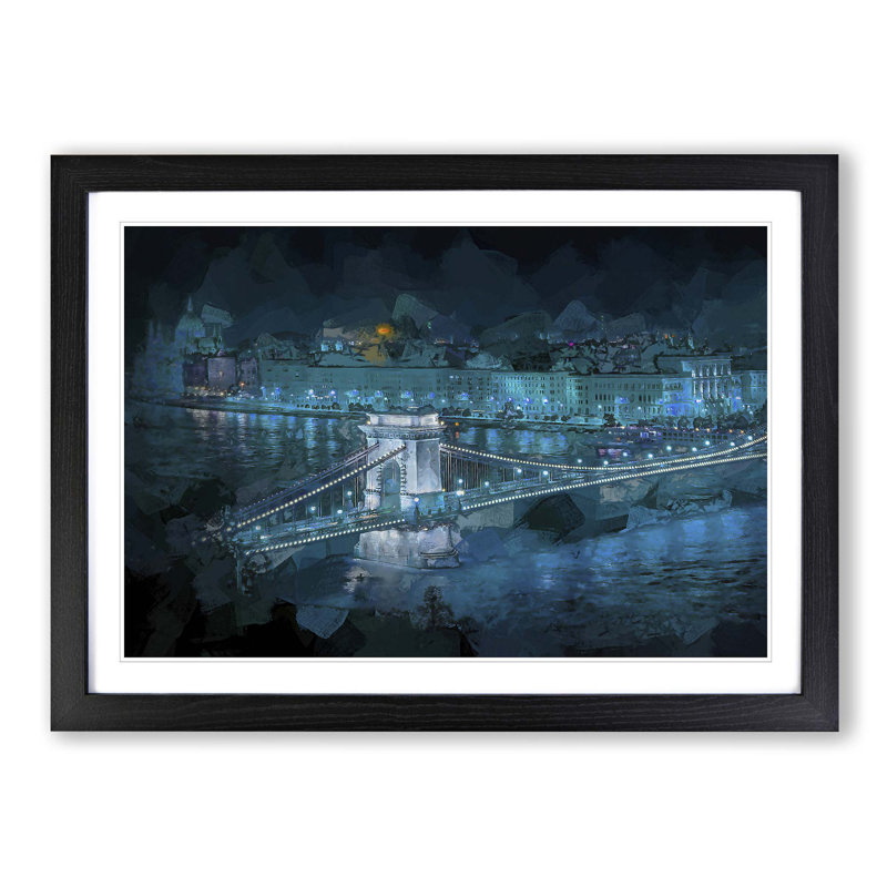 Chain Bridge in Budapest in Abstract - Picture Frame Painting Print, Black Framed, 62cm H x 87cm W x 2cm D