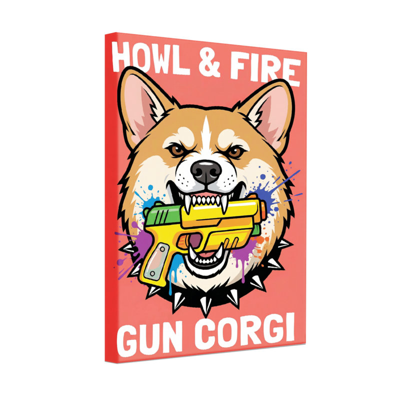 Animaux Corgi tenant un pistolet jaune sur fond éclaboussures, H 20 po x l 30 po, Toile tendue, Ne s’applique pas