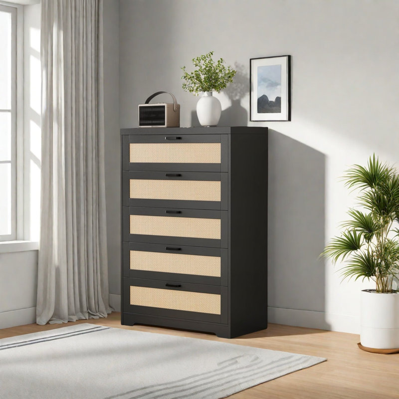 5 Drawer Rattan Dresser,tall Wood Dresser Chest Of Drawers For Living Room Closet Hallway Entryway, Black