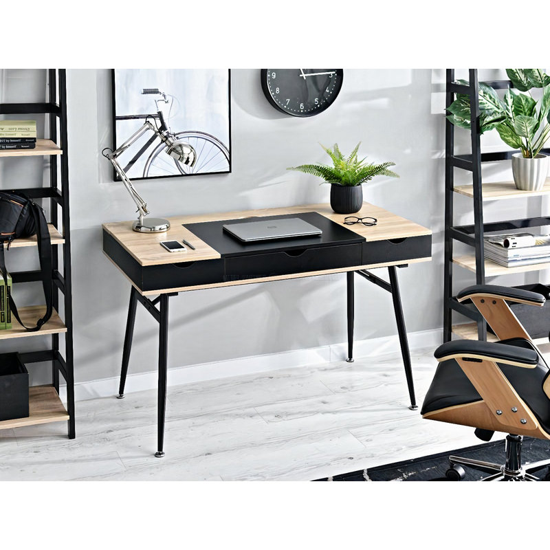 Theta Metal Base Writing Desk, Black, Oak/Black