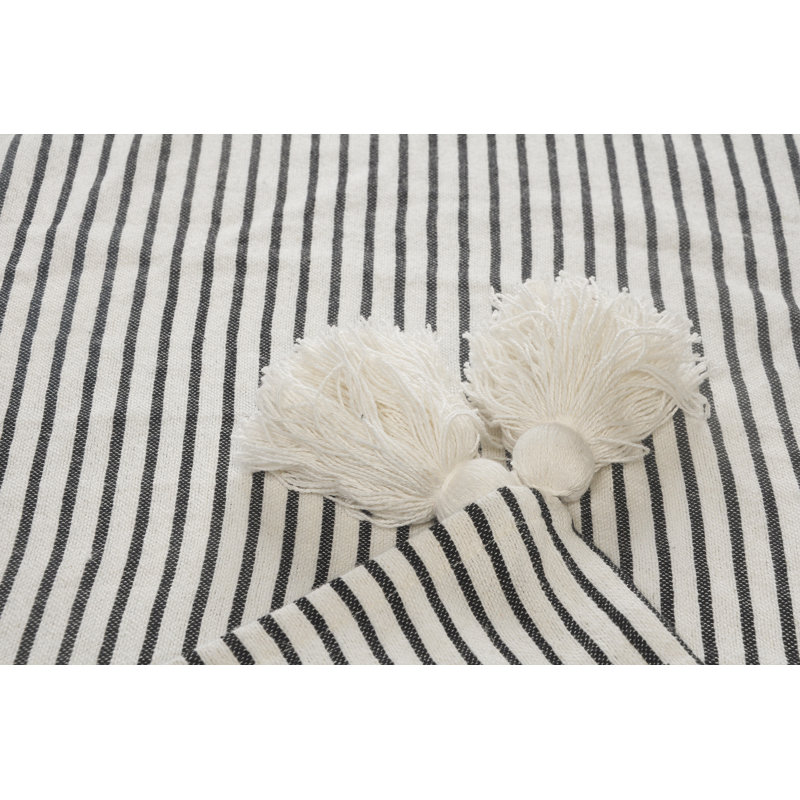  Jeté rayé 100% coton avec pampilles, Noir rayé 1