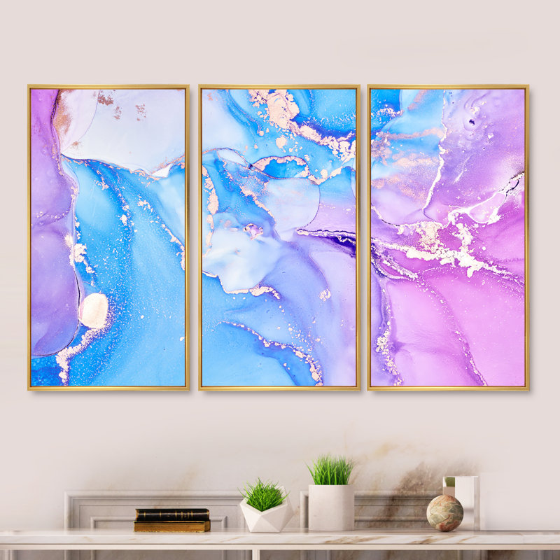 «Blue and Purple Abstract Marble II», reproduction de cadre flottant sur toile 3 pièces, H 20 po x l 36 po x P 1 po, Or