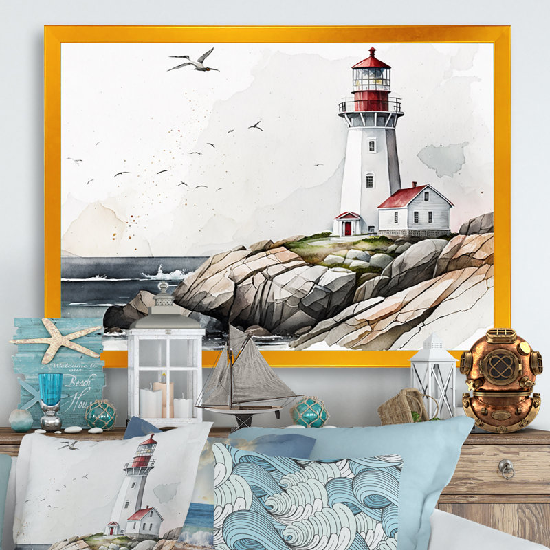 Art sur toile, "Phare par l'océan IV", L 20 po x H 12 po, Impression dorée sur toile encadrée