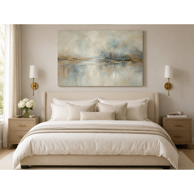 «Neutral Abstract Water Horizon», art mural, peinture de paysage texturée beige et bleu, toile tendue moderne