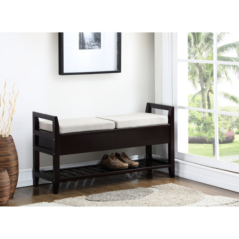 Banc de rangement rembourré en tissu beige pour chaussures d'entrée avec grand