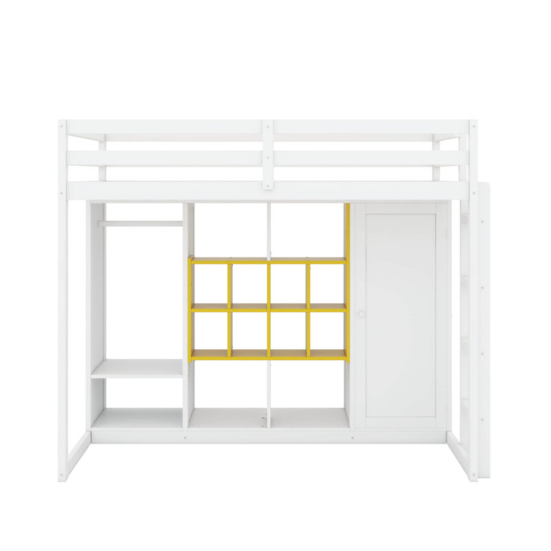 Twin Size Wood Loft Bed With Wardrobe, Shelves And Cabinet, White/Yellow