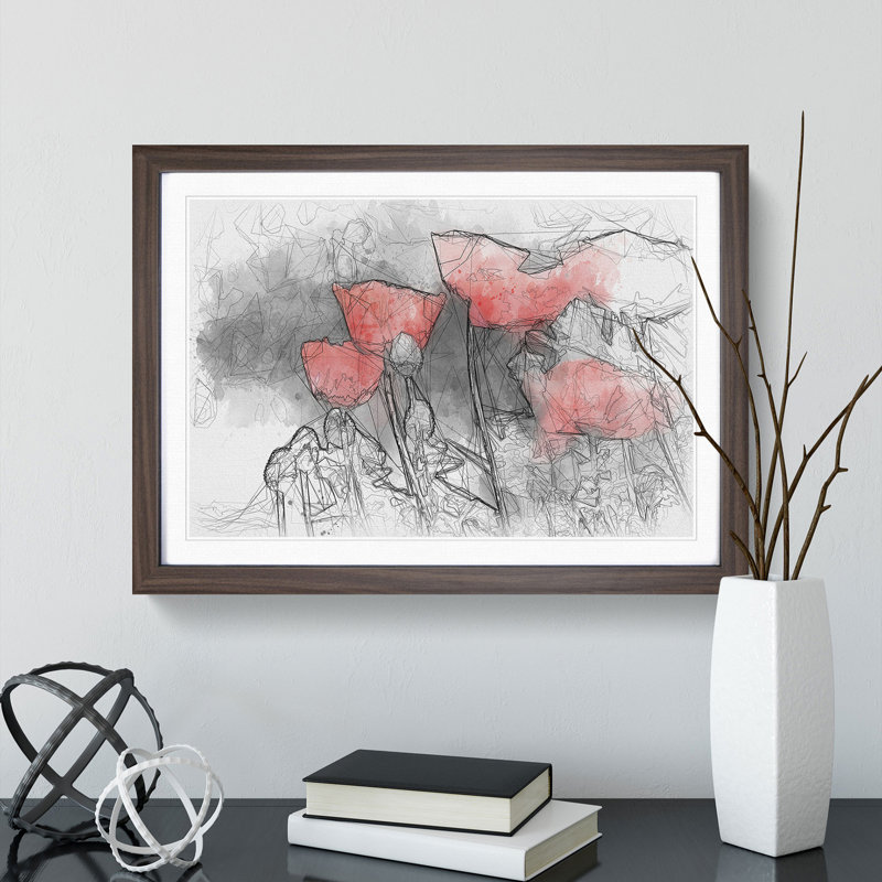 Red Poppy Field Sketch - Picture Frame Graphic Art Print, Walnut Framed, 45cm H x 63cm W x 2cm D