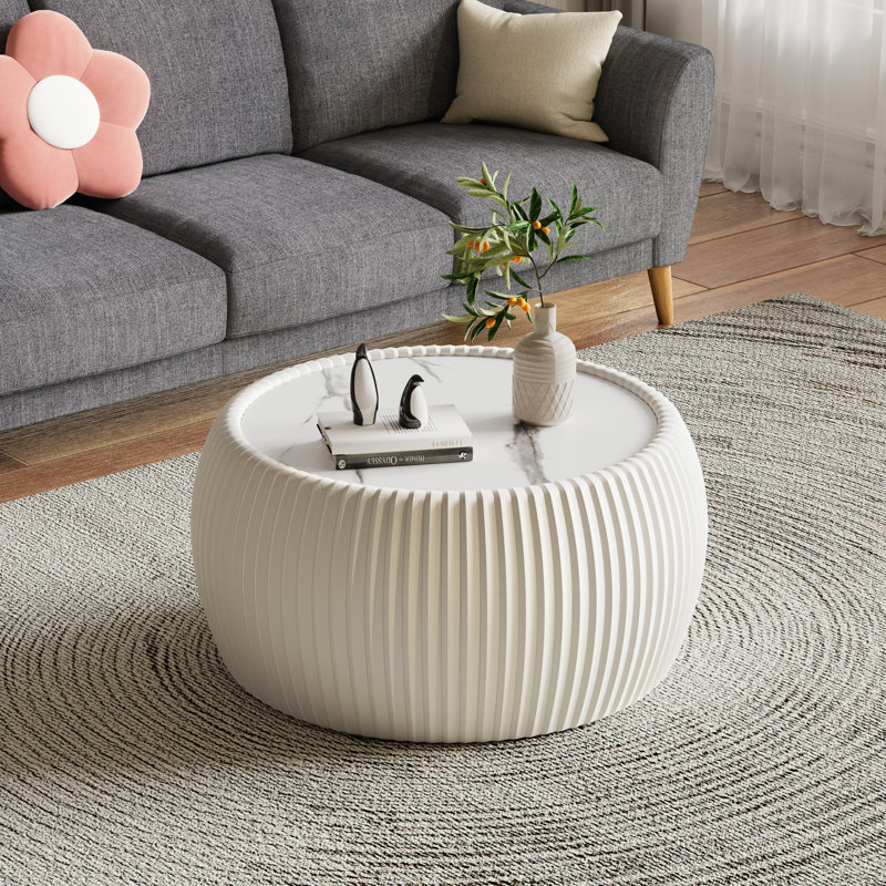 Ensemble de 2 tables basses gigognes, table basse ronde et moderne avec plateau en pierre frittée et base en similicuir, petite table d'appoint cylindrique en forme de cylindre pour le salon