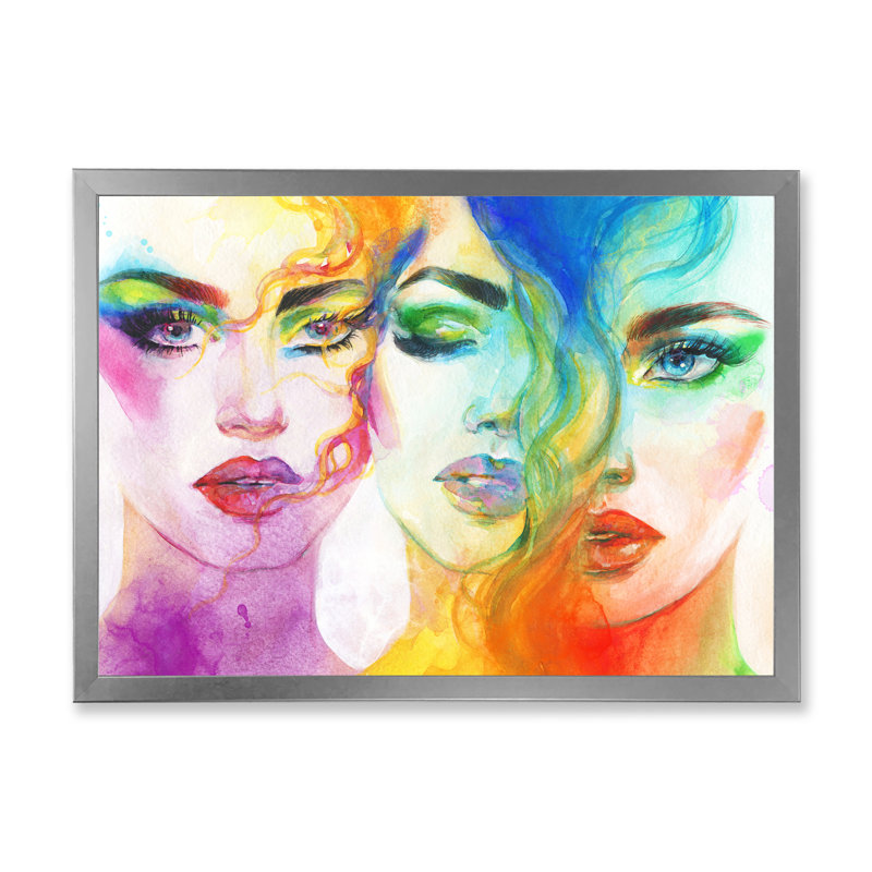 «Tripple Vibrant And Colorful faces - Glam, art mural sur toile, Cadre photo argenté, H 24 po x l 36 po x P 1 po