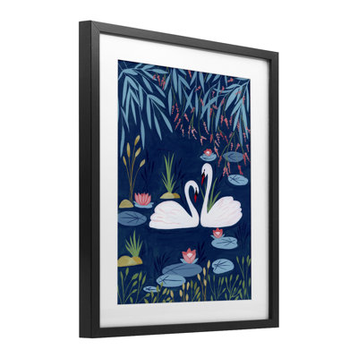 Swan Pair on Blue Pond Framed Print Under Glass, design by Nabeela Rumi