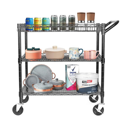 990 lb. Capacity Heavy-Duty NSF Commercial Metal Rolling Utility Cart with Wheels, Handle Bar and Shelf Liner, Service Trolley for Kitchen and Restaurant