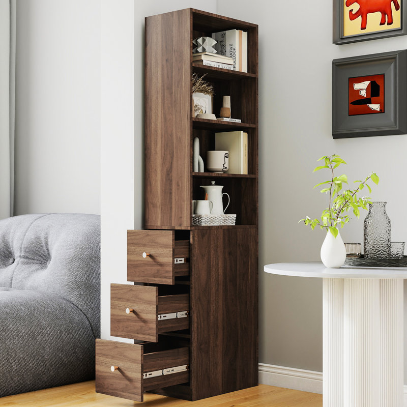 69.2" H 3 Side Drawer 4 Shelved Modern Display Storage For Dining Room Pantry, Walnut Finish, 19.76 In Depth Tall 4-Shelf Salon Space, 12.11 Width, Material