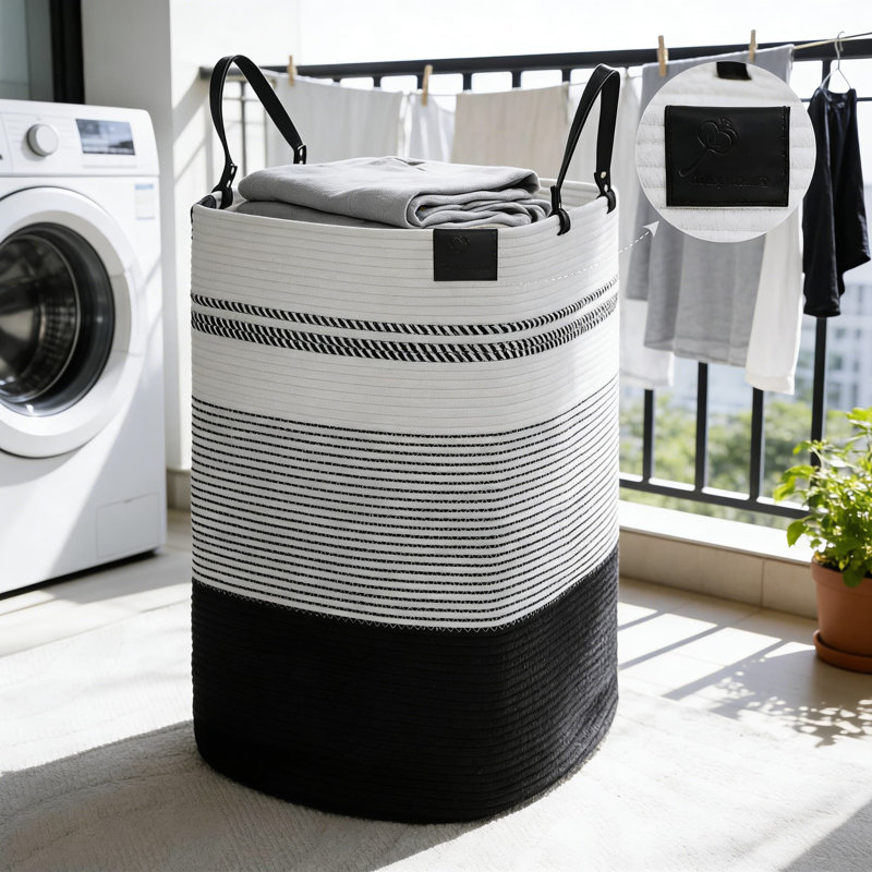 Large Woven Laundry Basket With Leather Handles, Eco-Friendly Cotton Storage Hamper For Bedroom And Living Room, Space-Saving Foldable Design For Home Organization