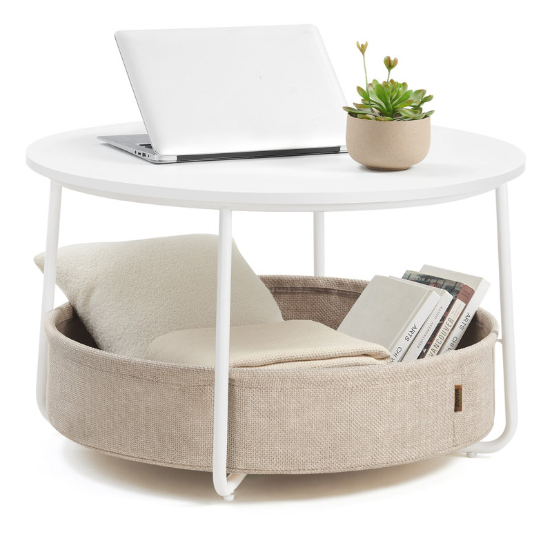 Table ronde avec panier en tissu, Blanc / Brun