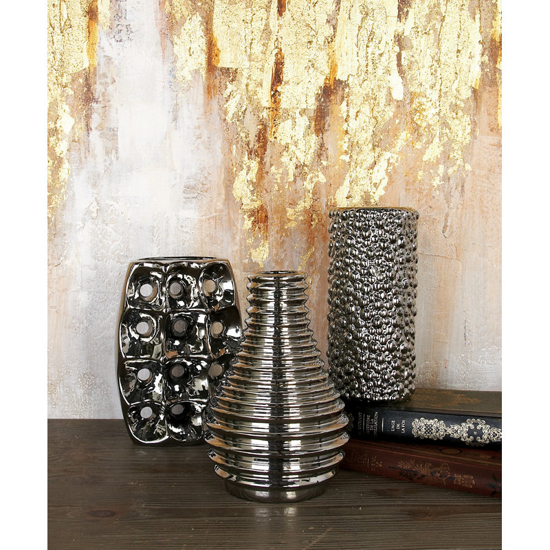 Modern Blue Ceramic Trio Vase Set with Textured Embellishments
