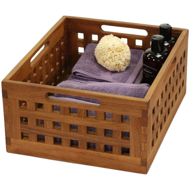 7" Grate™ Teak Storage Solid Wood Bin, Dark Brown, 7" H x 13" W x 16" D