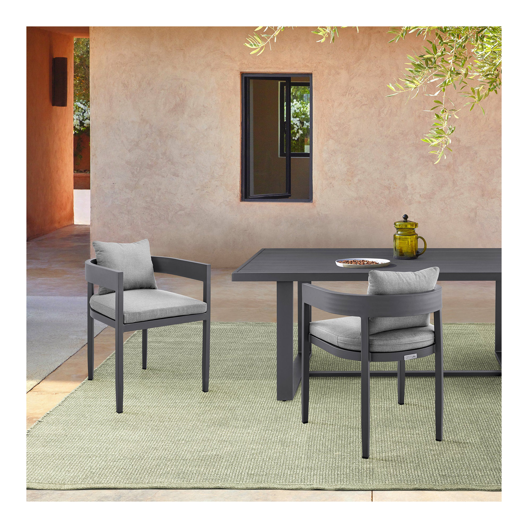 Ceion Modern Outdoor Patio Dining Chairs with Arms in Aluminum with Gray Fabric Cushions
