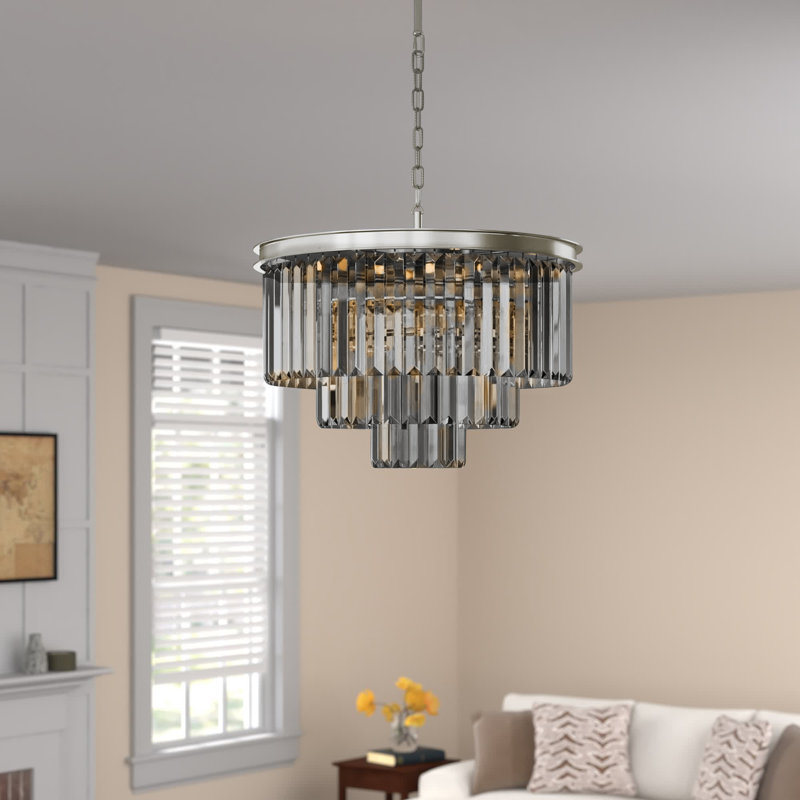 Lustre à niveaux unique 9 lumières Yazmin, Gris, Nickel poli